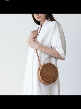 Bembien Round Woven Straw Crossbody Bag
 Light Brown